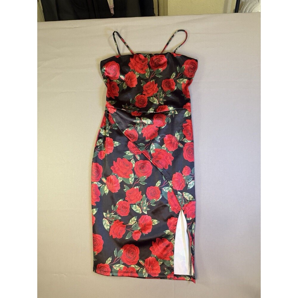 Minette Rose Print Satin Midi Dress Laced Back Slit Body Con Grunge Date Night S